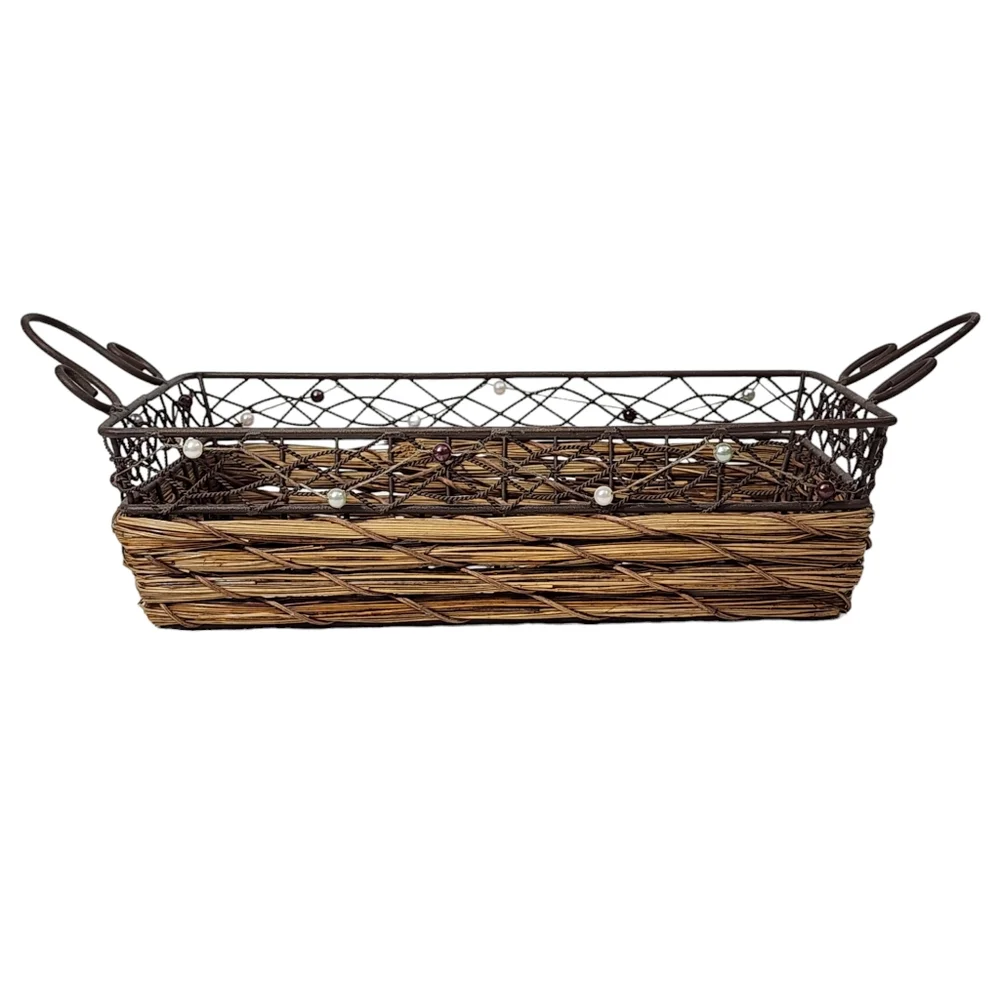 Rustic Rectangular‎ Woven Wicker Basket With Wire Handles and Frame